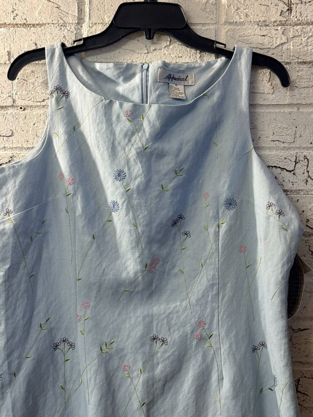 Appraisal Light Blue Embroidered Linen Blend Sheath Dress | Size 16 | Floral Sle